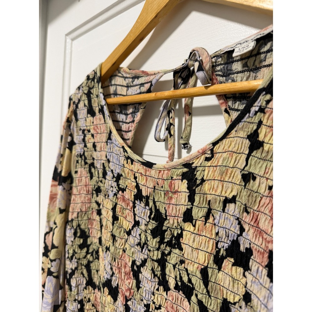 American Eagle Vintage Floral Smocked Romper Long Sleeve Pockets Black Large - Picture 4 of 11
